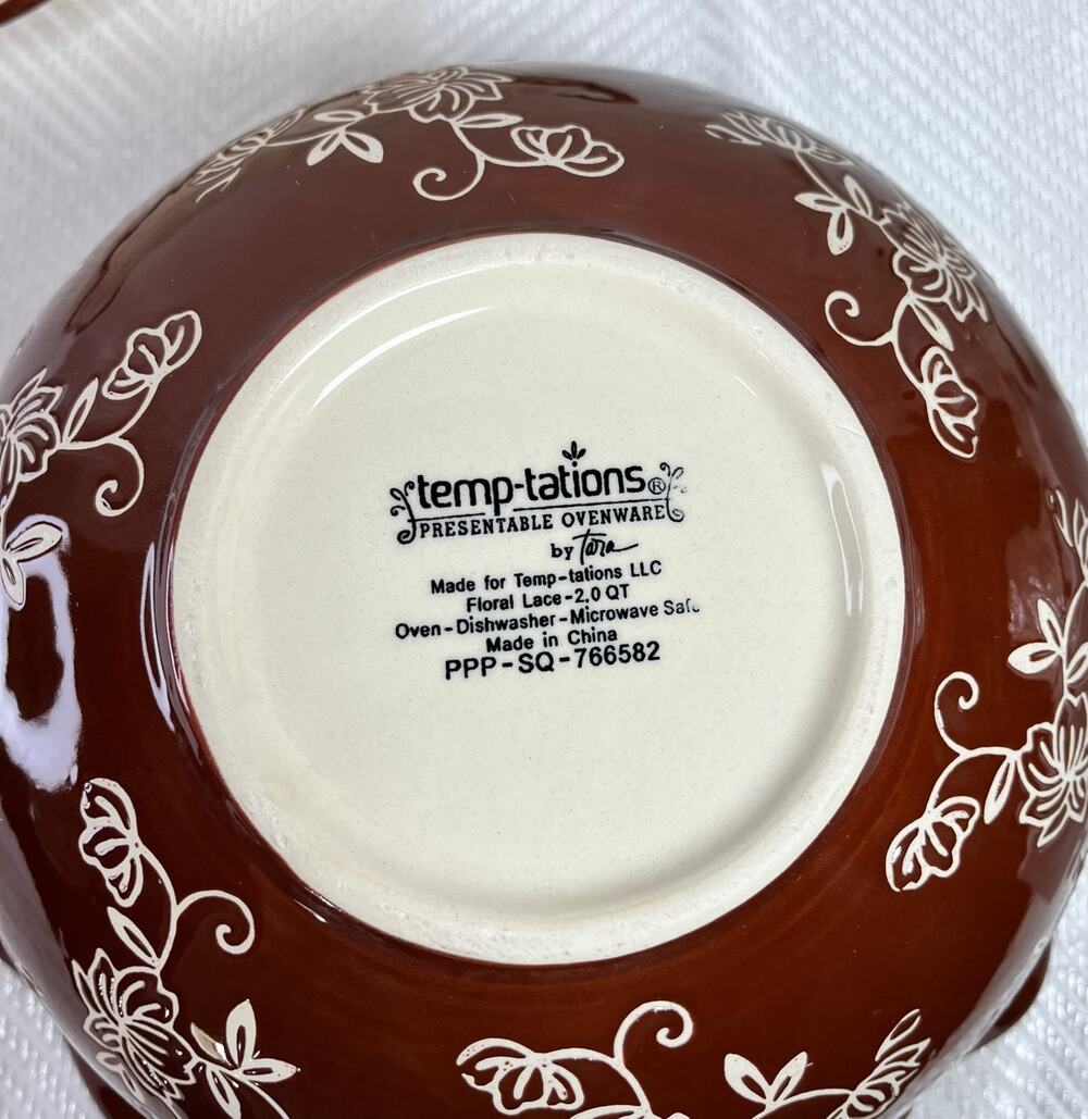 12" Handled Chop Plate Round Platter Temp-tations by Tara Floral Lace Chocolate